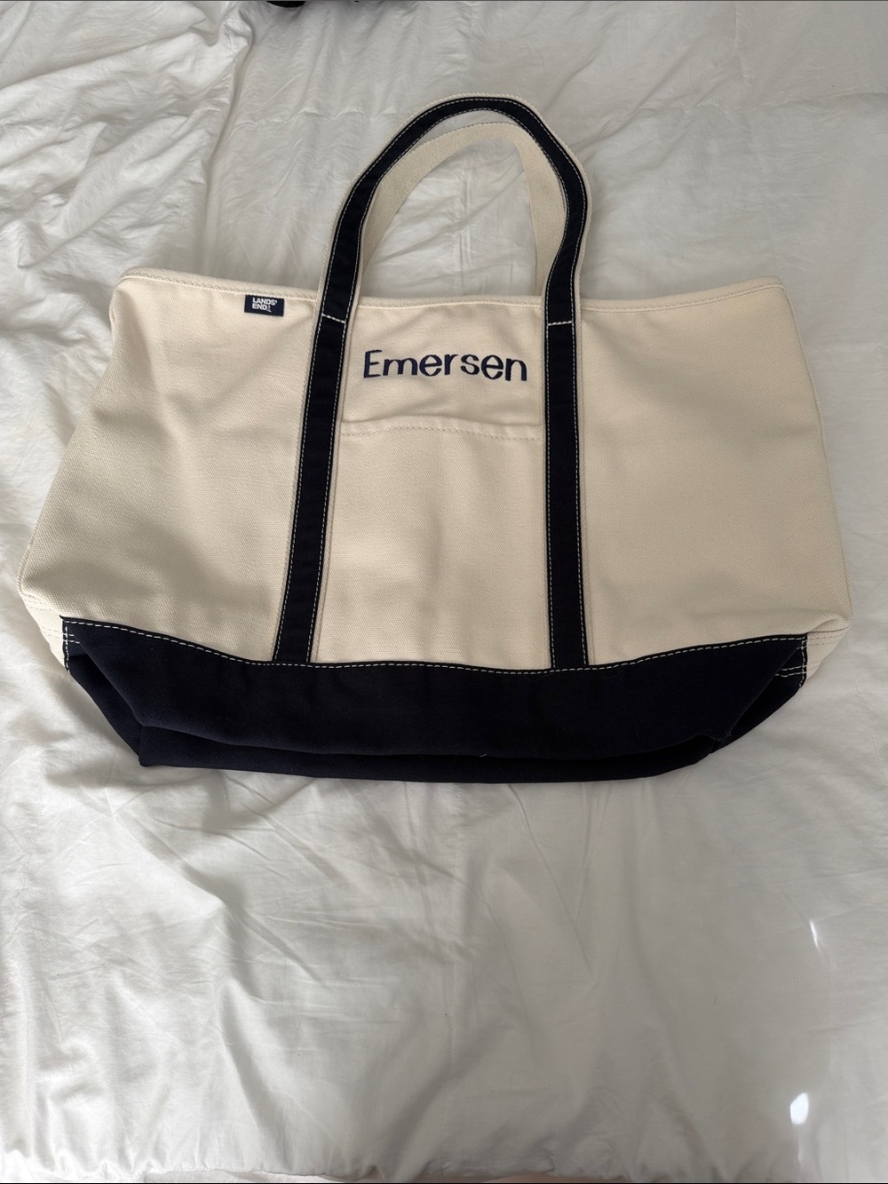Lands' End Cream and Black Canvas Tote with Name Embroidery